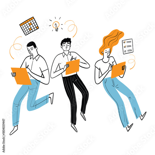 Group of hand drawn office workers running with documents, doodle vector illustration of rush hour and deadline concept.