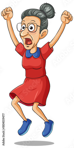 Excited Elderly Woman Jumping with Raised Arms in Red Dress