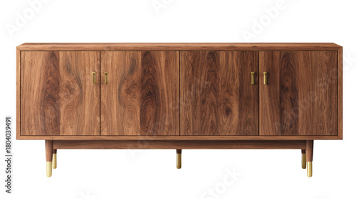 A sleek, modern walnut wood credenza with four doors, featuring elegant brass handles and tapered legs, isolated on a transparent background. Perfect for stylish storage. background removed