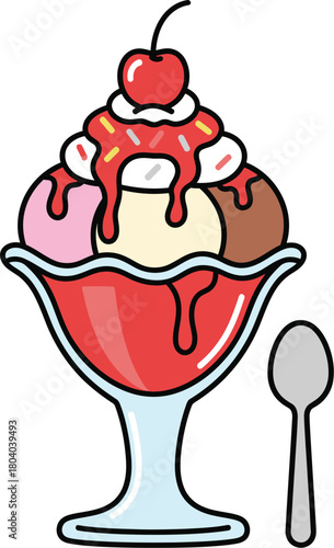 Delicious ice cream sundae with cherry and spoon illustration