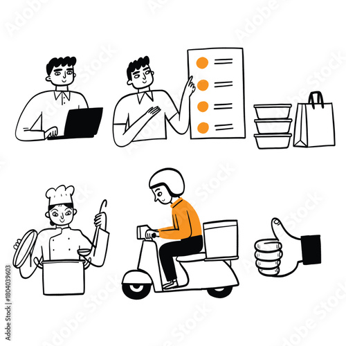 Hand drawn food delivery process set including ordering, cooking, and delivery rider, doodle vector illustration of online food service concept.