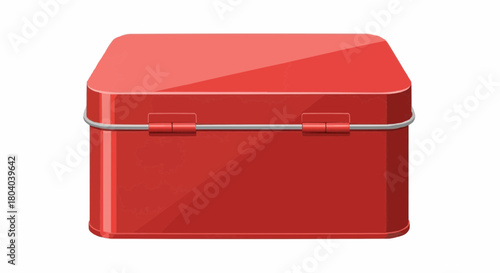 A detailed front view of a shiny red rectangular tin box with a lid and hinges.
