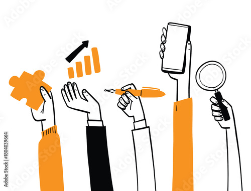 Set of hand drawn business hands holding office tools, smartphone, and charts, doodle vector illustration for teamwork and management concept.