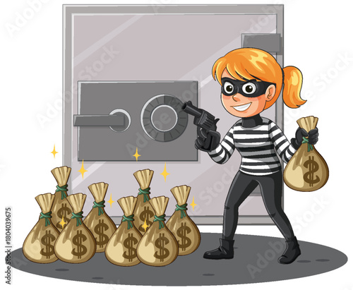 Cartoon Thief Stealing Money Bags From Bank Vault
