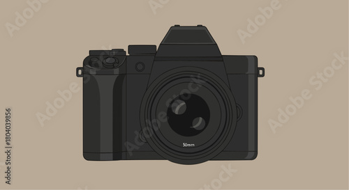 A modern black digital camera with a large lens, depicted in a flat, minimalist vector illustration style against a neutral background.