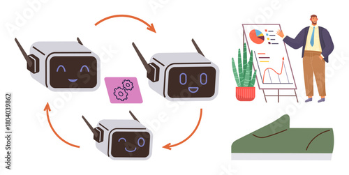 Multiple robots exchanging information, presenter at a whiteboard with charts, gears, and plant. Ideal for AI, teamwork, innovation, technology growth data sharing automation concepts. Simple flat