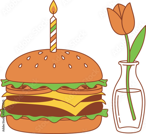 Delicious cheeseburger with a single tulip in a vase on white background