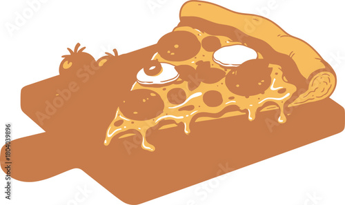 Close up of a delicious slice of pizza with melted cheese and toppings
