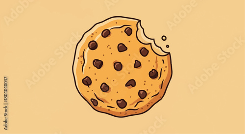A delicious cartoon chocolate chip cookie with a bite taken out, set against a plain beige background.