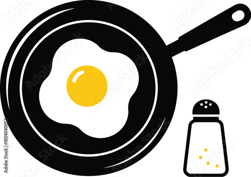 Simple illustration of a fried egg in a cast iron skillet with a salt shaker