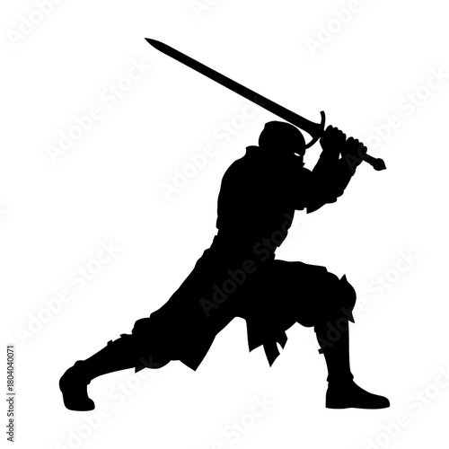 Powerful silhouette of a warrior in a dynamic sword-fighting pose.