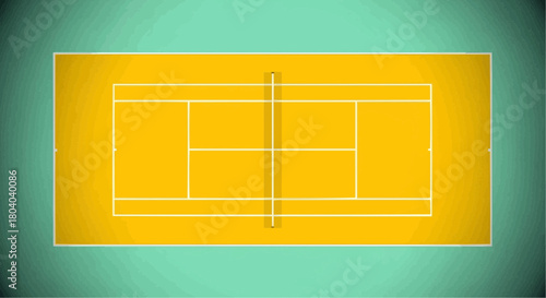Overhead view of a tennis court with white lines and a net, yellow surface.