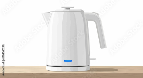 White electric kettle on a wooden surface, illuminated blue indicator light.