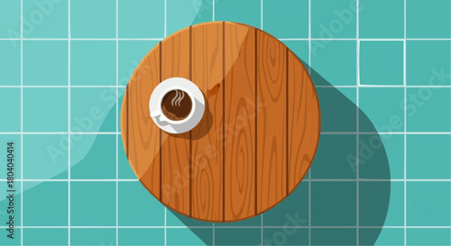 A top-down view of a round wooden table with a coffee cup on a tiled background.