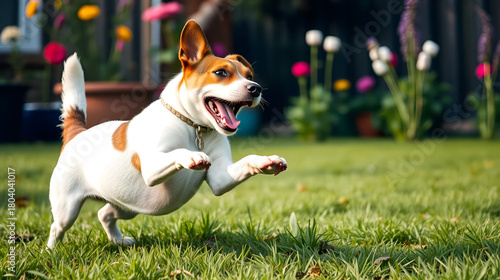 Russell Terrier fetching in the garden