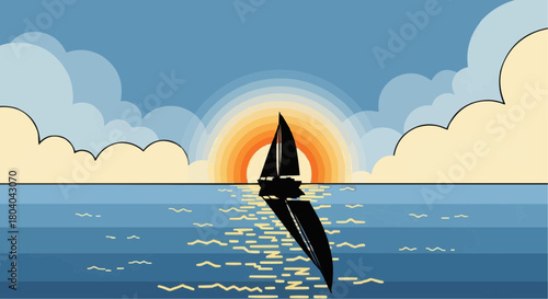 A graphic illustration of a sailboat on the ocean at sunset with a vibrant sun and reflective water.