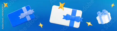 3d blue gift card with bow and gift box with gold stars on isolated background. Gift certificate for promotion of goods for holidays, birthdays and discount coupon concept. Horizontal banner.  Vector