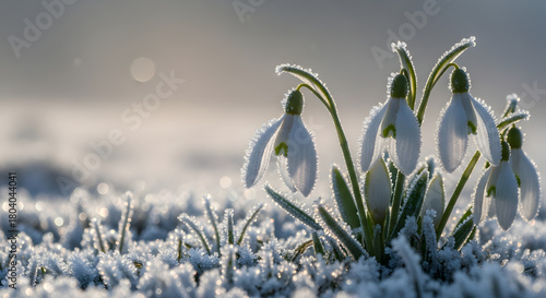 Beautiful snowdrop flowers in winter frost glittering beautifully landscape scenic shot