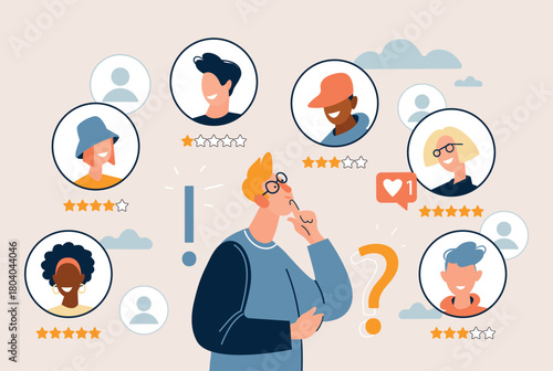 Man have a question. A young man stands in confusion. The concept of choosing a specialist, selection, decision making. Flat style illustration cartoon character.