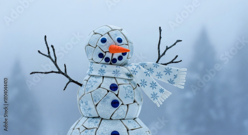 Porcelain Shard Snowman With Glinting Fractured Edges and Subtle Winter Fog in an Ultra-Realistic Scene