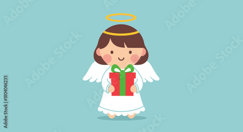 Cute Cartoon Christmas Angel with Gift Box