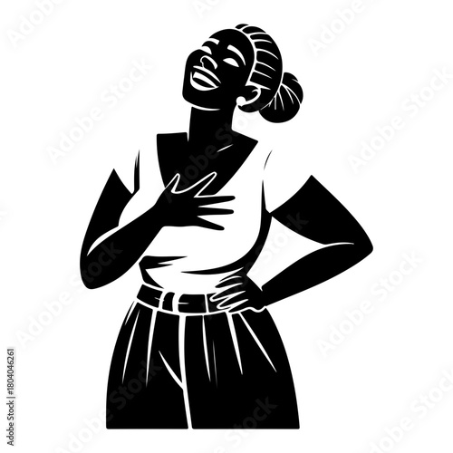 Black and White Illustration of a Woman on a Laughing Pose