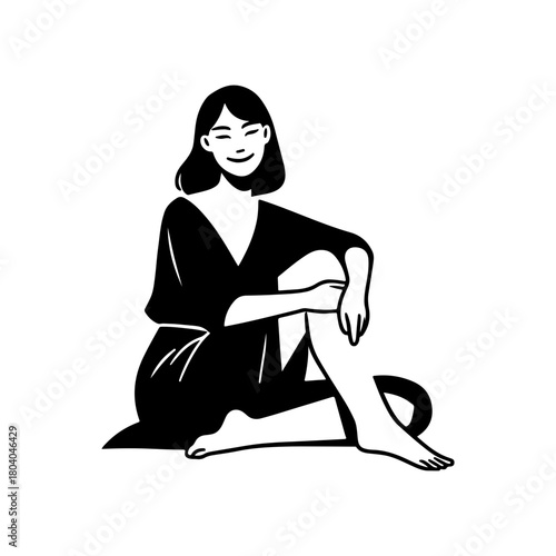 Black and White Illustration of a Woman on a Relaxed Pose