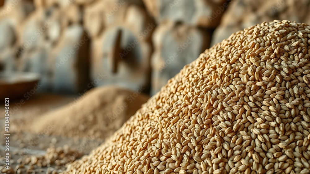 Obraz premium Heap of hulled emmer grains beside a traditional stone mill. 