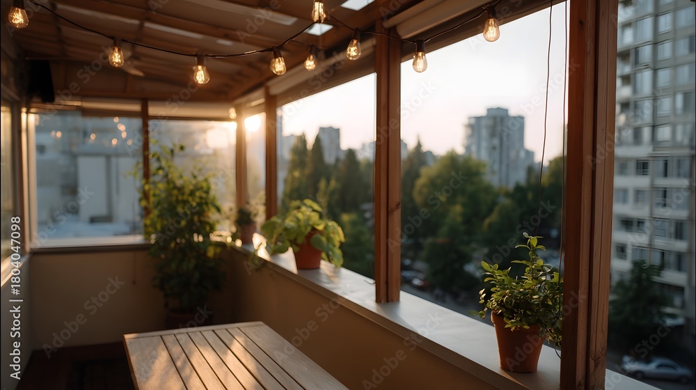 Obraz premium A tranquil balcony with string lights offers a city view at sunset adorned with potted plants and a wooden table