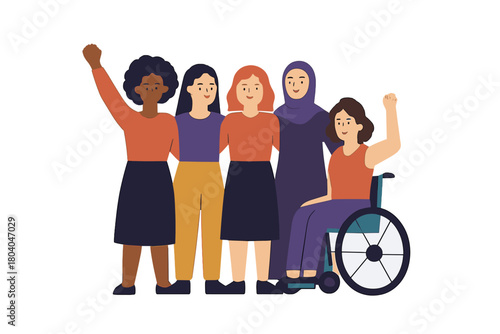 Diverse group of women standing together with raised fists symbolizing solidarity