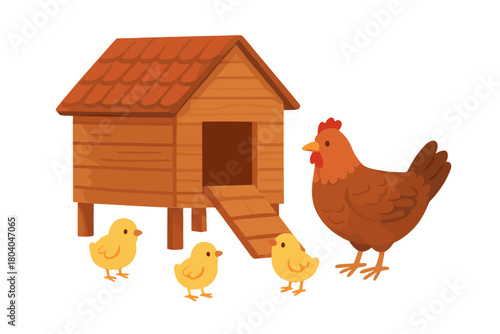 Mother hen with chicks near wooden chicken coop