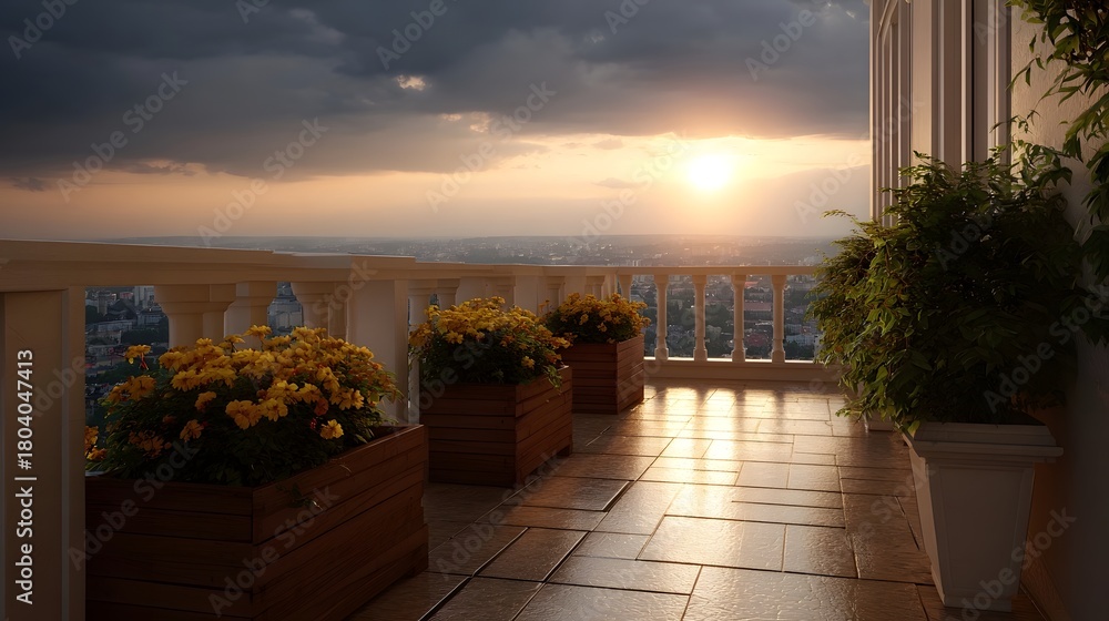 Obraz premium Balcony overlooking a cityscape at sunset with dramatic clouds and golden light