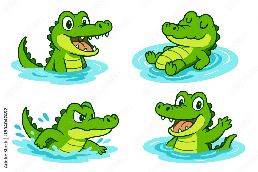Fototapeta premium Four cute cartoon crocodiles showing happy and angry expressions in water