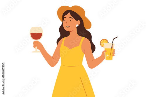 Smiling woman in sun hat holding wine and cocktail drinks
