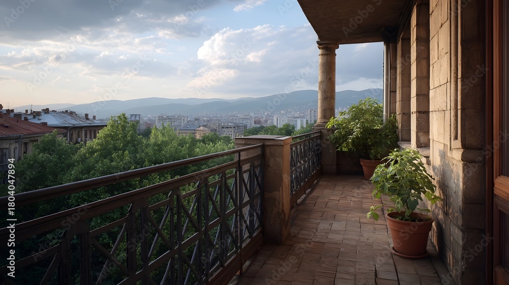 Obraz premium Vintage stone balcony with plants overlooks a sprawling city and distant mountains under a cloudy sky