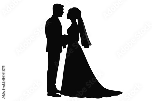 Silhouette of bride and groom facing each other with wedding bouquet