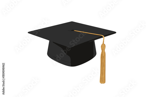 Black graduation mortarboard with gold tassel isolated on white background