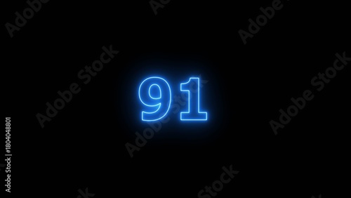 Glowing blue Neon number 91 on black background. 91 number countdown timer 4k image.	