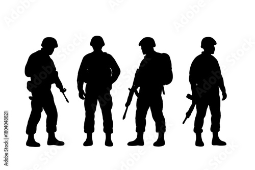Four armed soldier silhouettes in tactical gear ready for action