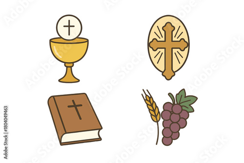 Christian communion symbols set featuring chalice cross bible wheat and grapes