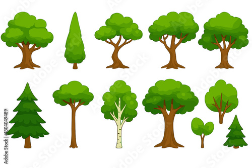 Stylized green deciduous and coniferous trees for nature design elements