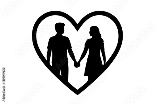 Romantic couple holding hands inside abstract heart shape outline