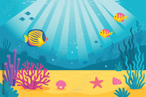 Vector Illustration of a Colorful Underwater Seascape Featuring Coral Reefs, Tropical Fish, and a Sandy Ocean Floor
