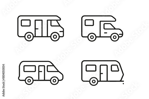 Four outline icons depicting recreational vehicles and travel trailers