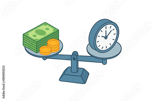 Balance scale comparing currency value against time concept