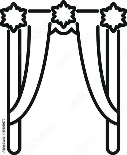 Elegant wedding arch adorned with delicate flower arrangements and flowing curtains, setting a romantic scene for the ceremony