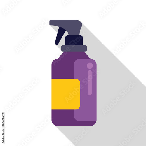 Purple spray bottle with yellow label containing cleaning product for disinfecting surfaces