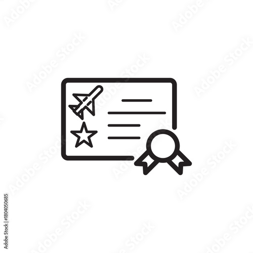 Aerospace Certification icon symbolizing specialized training and regulatory compliance. Features a diploma with an airplane and seal, representing aviation technical qualification industry standards.