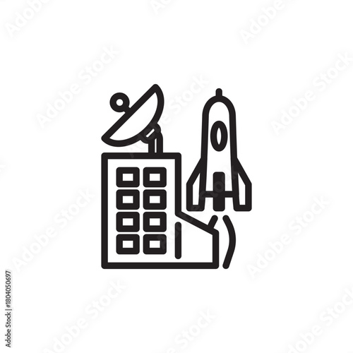 Launch Rocket Manufacturing icon symbolizing aerospace production and space mission readiness. Features a factory or site with a rocket and dish, representing assembly, testing, and high-tech control.