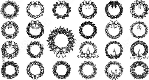 Detailed Black and White Christmas Wreaths Vector Collection with Bows and Candles, Holiday Decoration Set in Various Styles for Winter Season Design